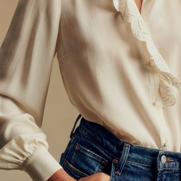 Sézane Chlo 100% Silk Embroidered Long Sleeve Blouse | 36 (US 4) | Ivory White - Picture 5 of 16